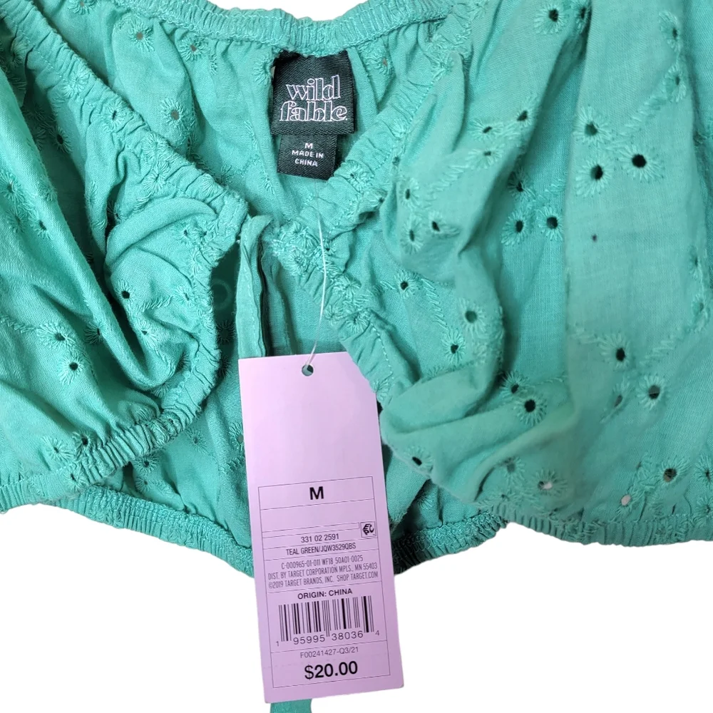 NEW Wild Fable Medium Crop Top Long Sleeve Cotton Teal Green Eyelets